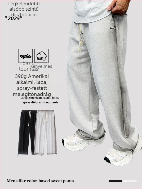 Supeeon distreszált férfi casual nadrág, széles láb, karikatúrás hímzés, minden évszakra, pamutkeverék, középmagas derék, kötős zárás