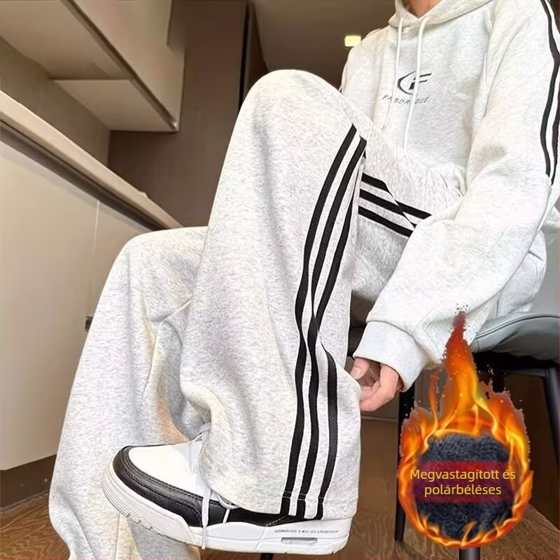 Csíkos férfi sportnadrág téli, széles szabású, lazább stílus, mindennapi viselet