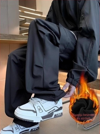 Férfi téli sportnadrág fleece-béléssel, vastag, munkaruházati casual stílus, egyenes és bő szabású, sokoldalú