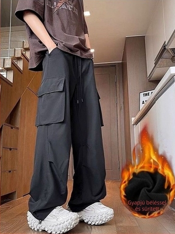 Férfi téli sportnadrág fleece-béléssel, vastag, munkaruházati casual stílus, egyenes és bő szabású, sokoldalú