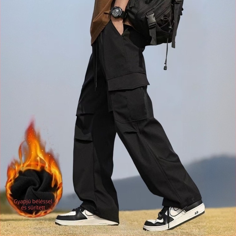 Férfi téli sportnadrág fleece-béléssel, vastag, munkaruházati casual stílus, egyenes és bő szabású, sokoldalú