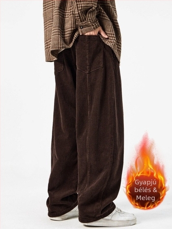 Téli férfi egyenes szabású nadrág fleece-béléssel, vastag, mindennapi viselet, nagy méret, derekán húzózsinórral