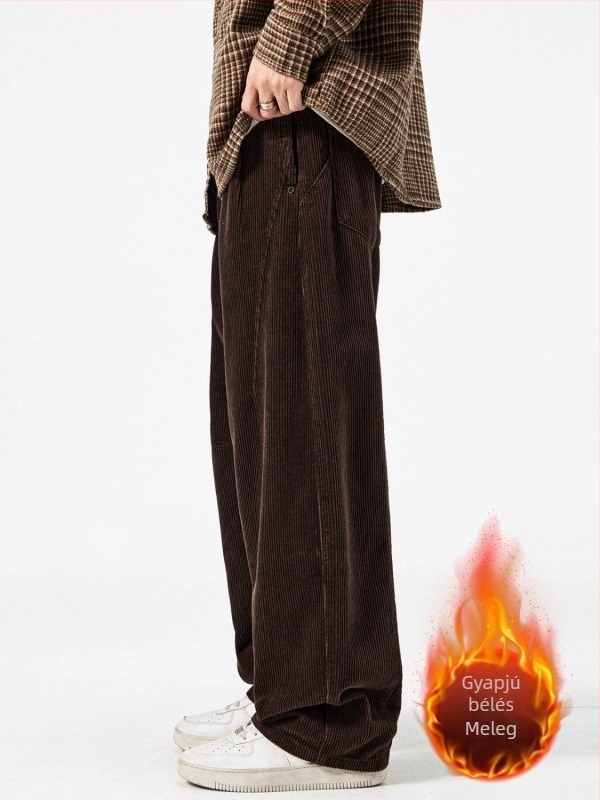 Téli férfi egyenes szabású nadrág fleece-béléssel, vastag, mindennapi viselet, nagy méret, derekán húzózsinórral