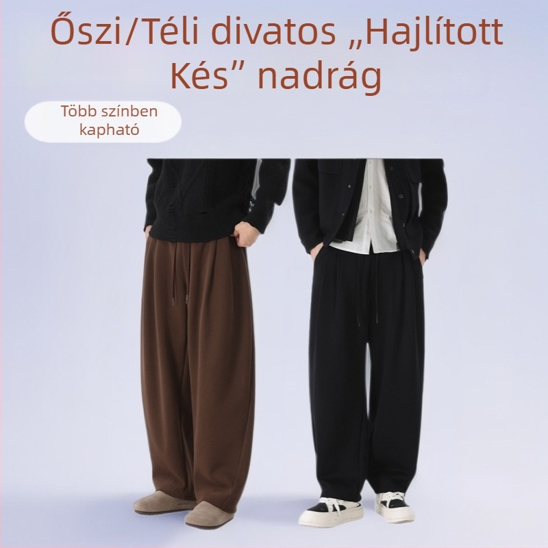 Férfi őszi-téli laza szabású sportos nadrág, kettős redőkkel, elasztikus derekú
