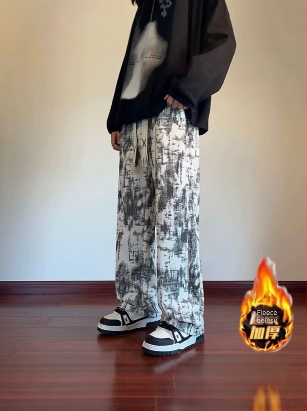 Férfi tie-dye nadrág fleece béléssel, őszi utcai stílus, széles szabás