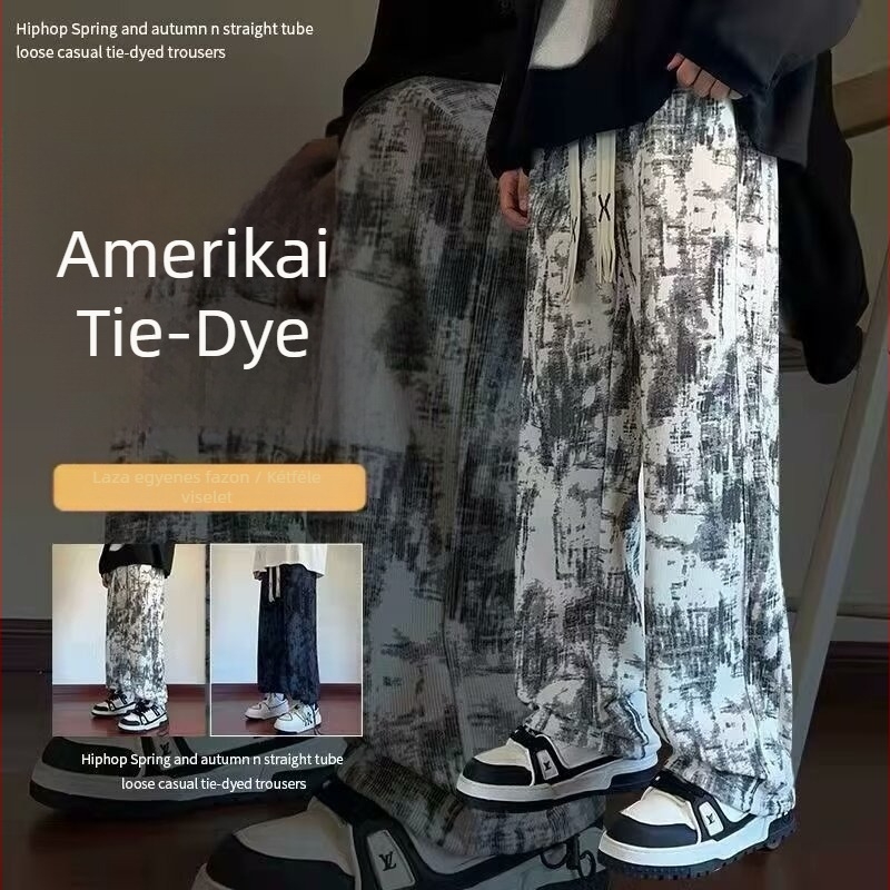 Férfi tie-dye nadrág fleece béléssel, őszi utcai stílus, széles szabás