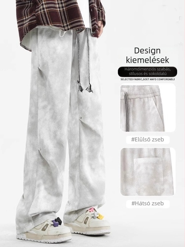 Tie-dye férfi casual nadrágok, laza szabású, széles lábszárú, egyenes szárú, tavasz–ősz viselet
