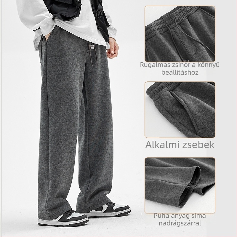 Férfi téli fleece-belelt sportnadrág, lazán szabott, húzózsinóros derékkal, egyenes szárú, mindennapi viselet