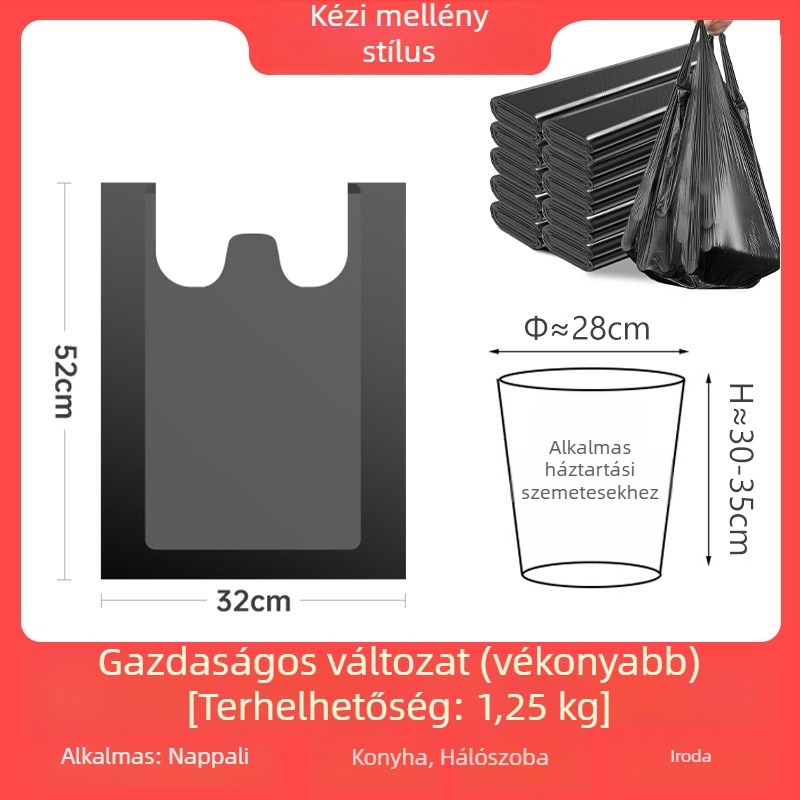 Kézi hordozható fekete vastagított háztartási szemeteszsákok, közepes–nagy méret, ismételten használható, konyhai mellény-stílusú