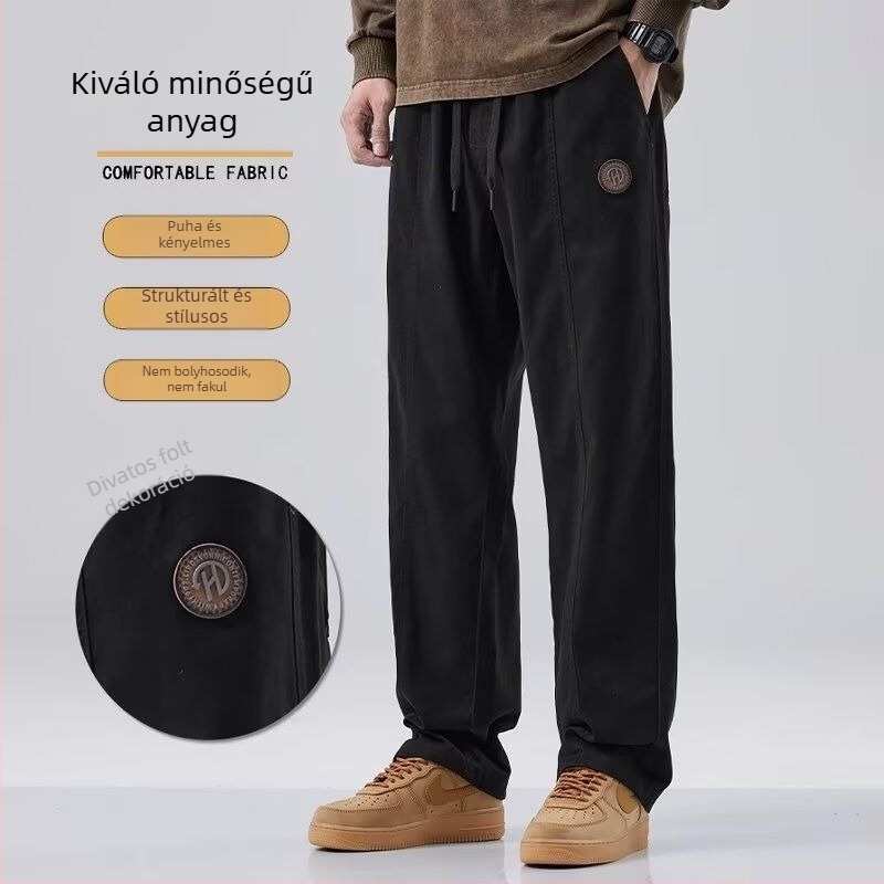 Férfi cargo nadrágok, tavasz–ősz, egyenes szabású, laza fazon, plusz méret, puha poliészter anyag, mindennapi nadrág