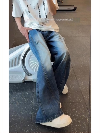 Férfi kék denim farmer, amerikai retro stílus, nyár, lazán szabott BF fazon, széles szár