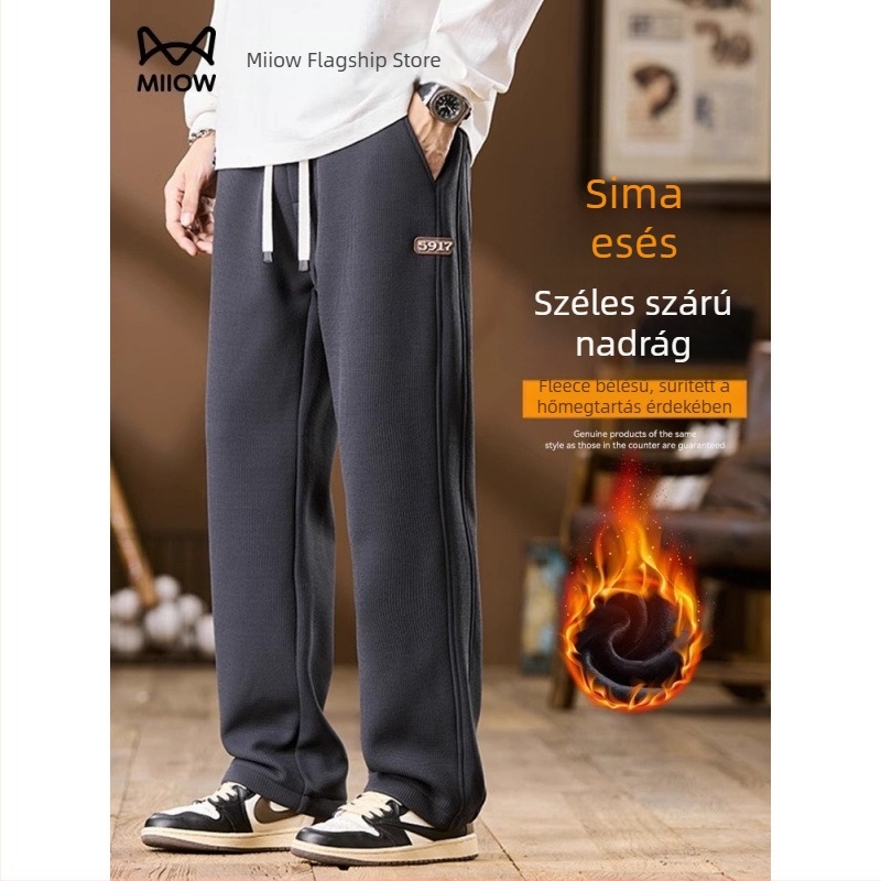 Férfi téli széles szárú nadrág fleece-béléssel, vastagított, laza szabású, egyenes szárú, mindennapi, plusz méret
