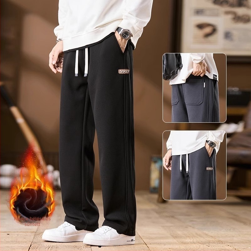 Férfi téli széles szárú nadrág fleece-béléssel, vastagított, laza szabású, egyenes szárú, mindennapi, plusz méret