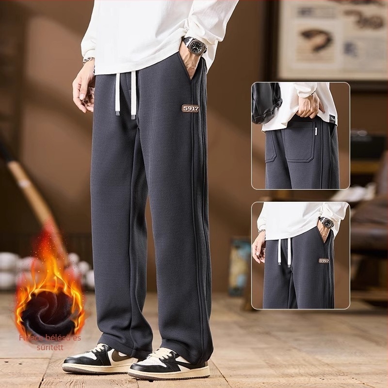 Férfi téli széles szárú nadrág fleece-béléssel, vastagított, laza szabású, egyenes szárú, mindennapi, plusz méret
