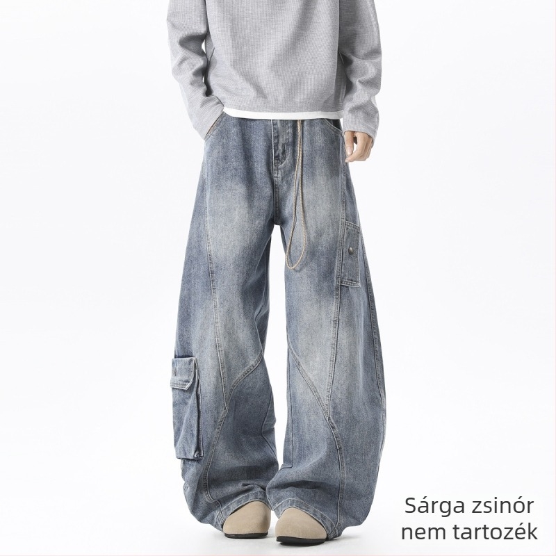 Férfi denim nadrág patchwork dekonstruált dizájnnal, laza szabású egyenes, széles szár, amerikai utcai stílus