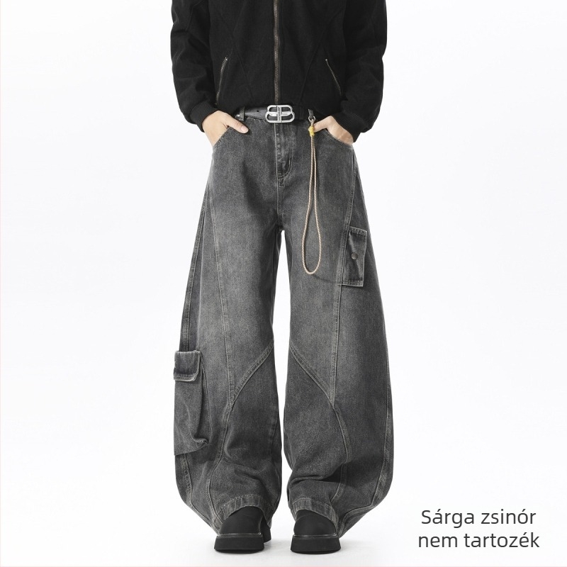 Férfi denim nadrág patchwork dekonstruált dizájnnal, laza szabású egyenes, széles szár, amerikai utcai stílus