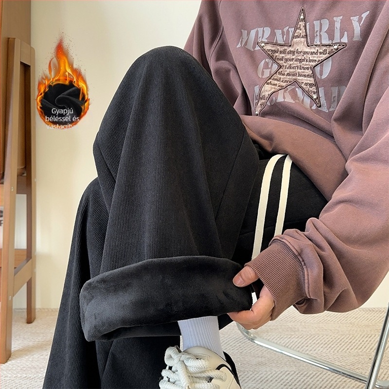 Beige kordbársony nadrág férfiaknak, fleece bélés, laza egyenes szabás, téli mindennapi darab csíkos mintával