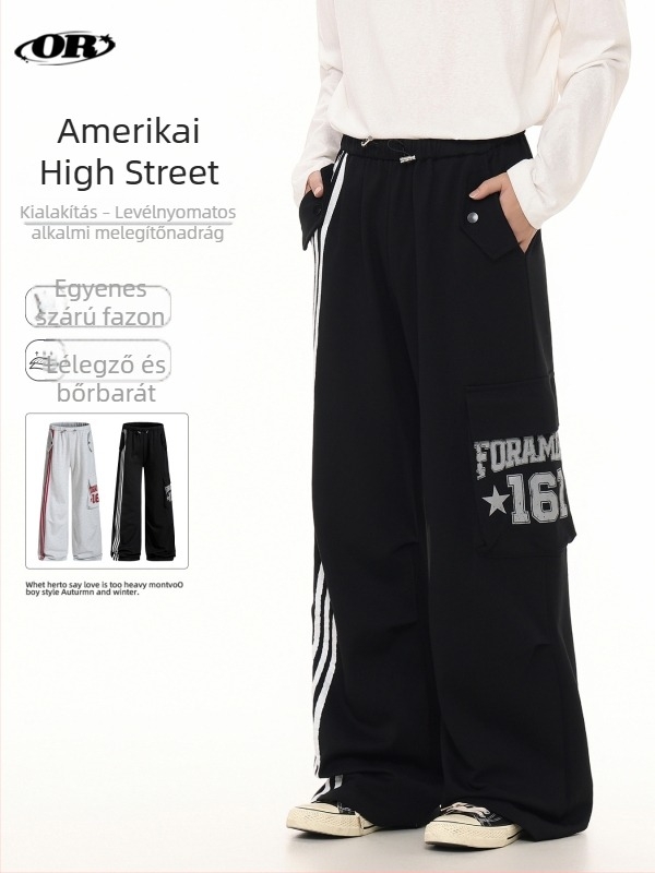 Oreeta Uniszex sportnadrág, amerikai preppy stílus, egyenes szabás, betűs nyomtatás, laza, széles szárú