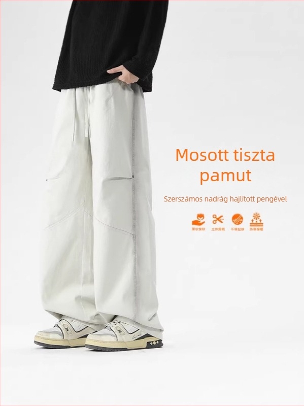 Férfi pliszírozott pamutnadrág széles szárú, laza fazon, szegecses részletekkel