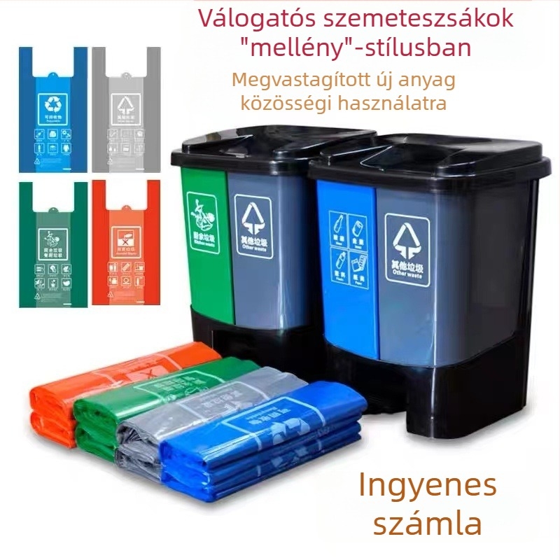 Vastag zöld, négy színű műanyag zacskók háztartási hulladék szelektálásához kézi használatra