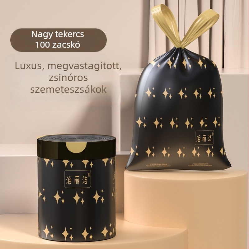 Háztartási vastagított fekete mintás szemeteszsákok kötőzárral, konyhához, PE műanyag zacskók
