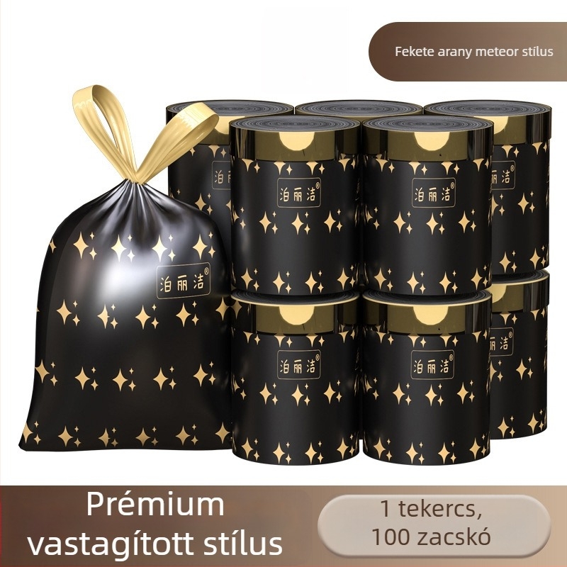 Háztartási vastagított fekete mintás szemeteszsákok kötőzárral, konyhához, PE műanyag zacskók