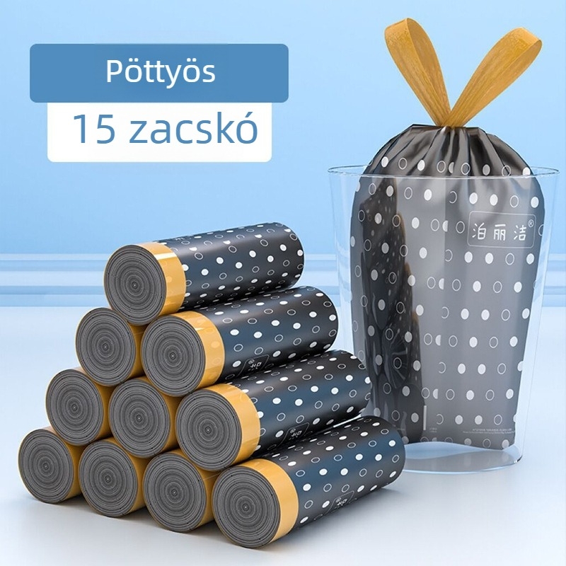 Háztartási vastagított fekete mintás szemeteszsákok kötőzárral, konyhához, PE műanyag zacskók