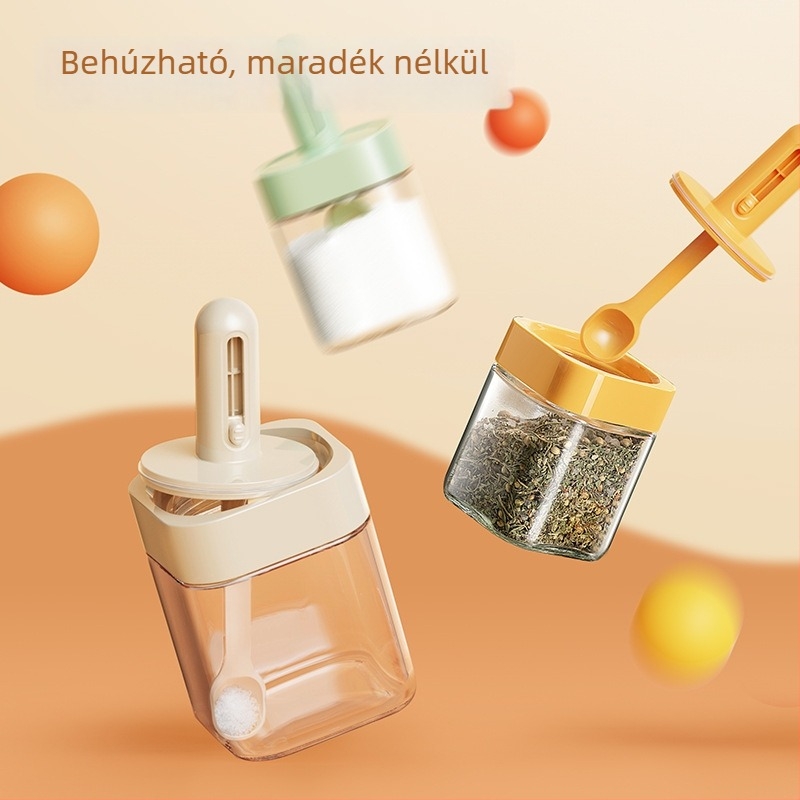 Önállóan tervezett teleszkópos fűszertartó otthoni konyhához, integrált kanállal és fedéllel, sótartó és fűszeres doboz