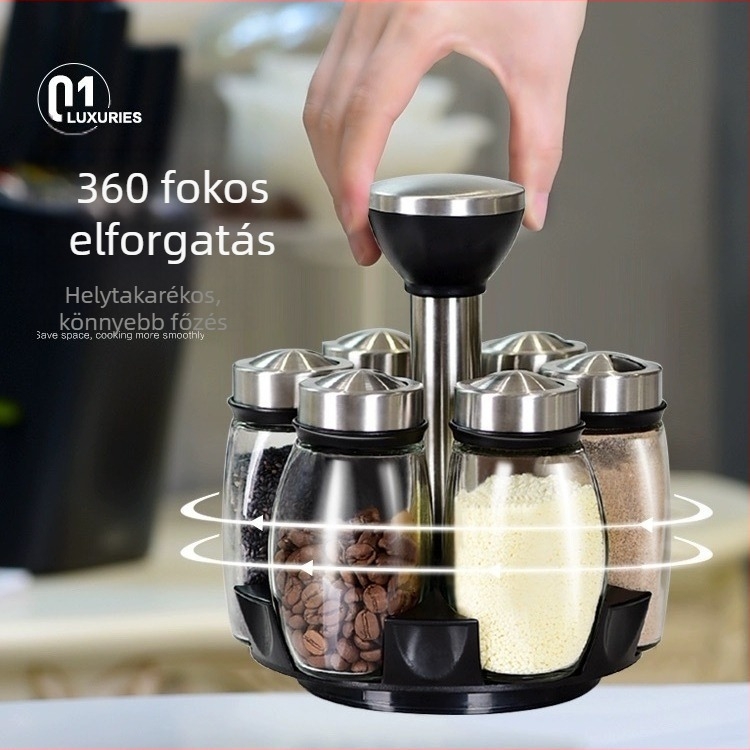 7 darabos üveges fűszertartó készlet forgó alappal a konyhához