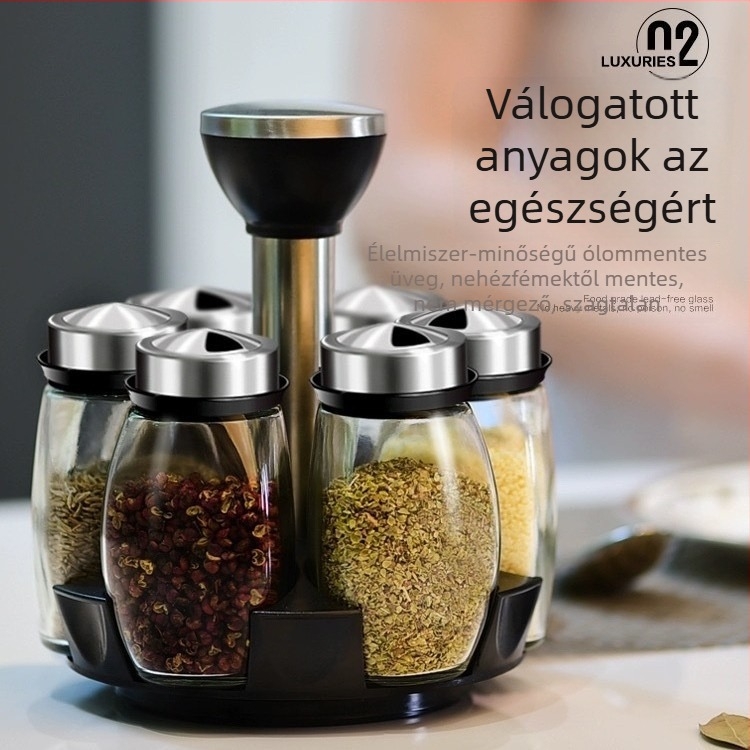 7 darabos üveges fűszertartó készlet forgó alappal a konyhához