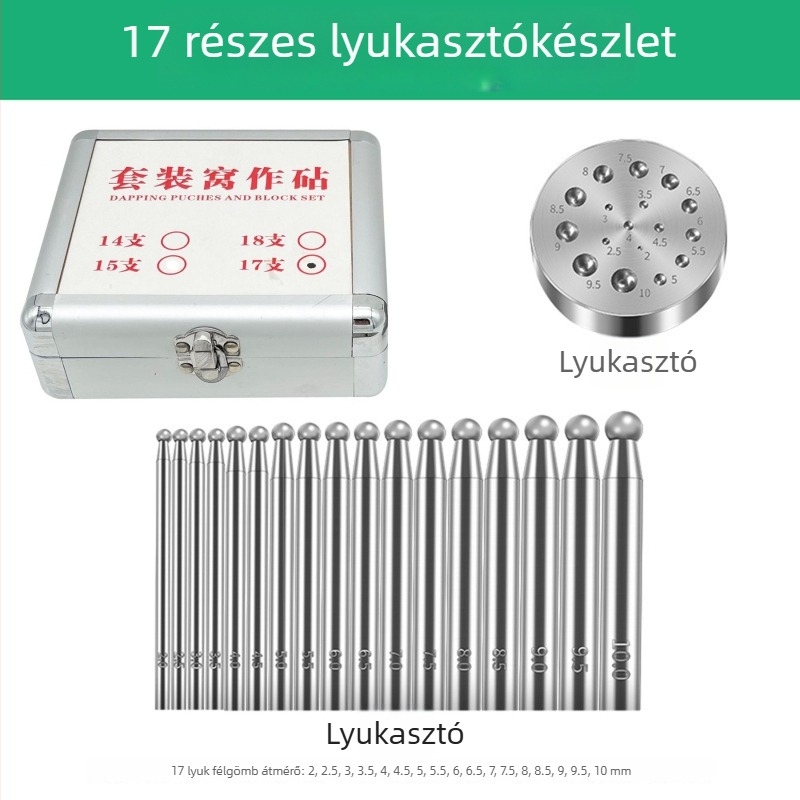 13 részes fészekkészítő eszközkészlet: körkörös lyukasztó, hatszögletű nagy lyukú vas harangg formázó eszköz, fa alapú forma