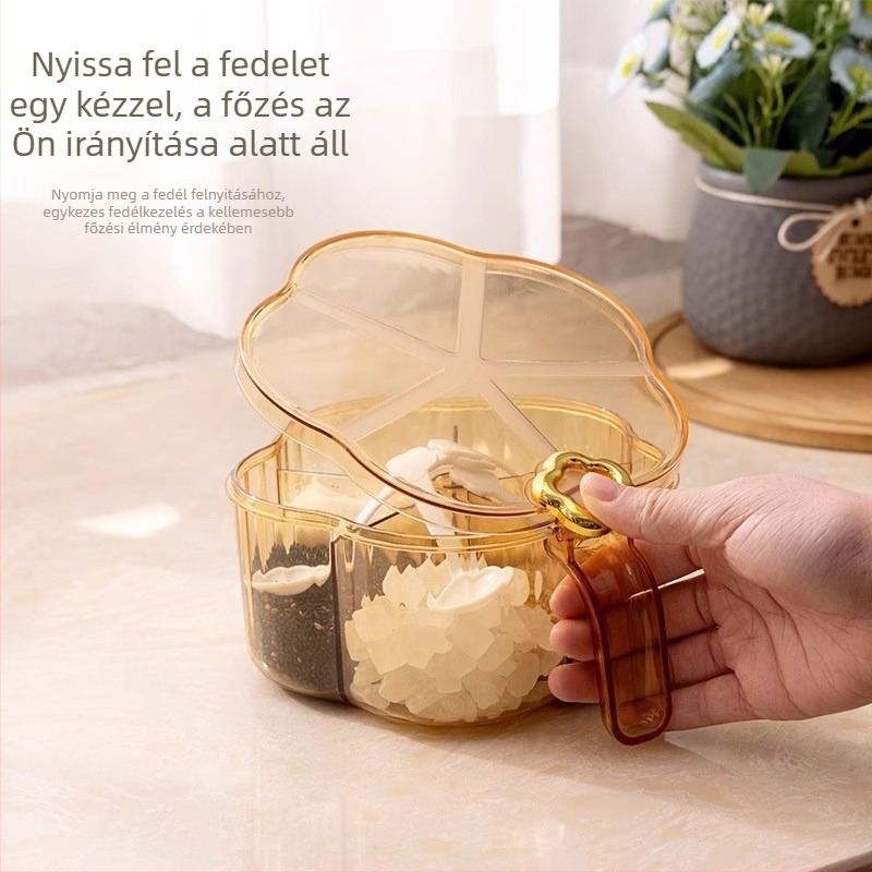 Konyhai fűszertároló doboz sótartóval és többrekeszes fűszertartó üvegekkel - integrált készlet