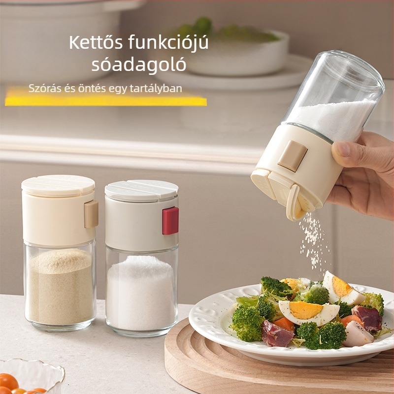 Kétfunkciós üveg fűszertartó – sóadagolóval és szilárd fűszerek tárolására