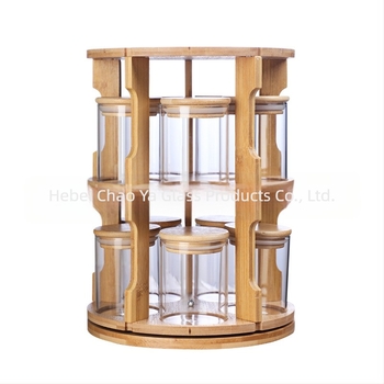 Négy darab boroszilikát üvegből készült fűszeres üveg forgó fa kerettel, modern minimalistikus konyhai tárolási megoldás, hengeres formájú, kapacitás 300 ml alatt