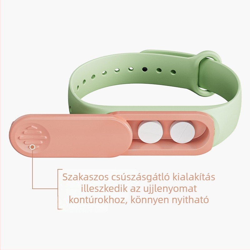 Csuklón viselhető sürgősségi tablettatartó doboz, hordozható kialakítás, egygombos nyitás, csuklóra szerelhető tároló, vízálló és szivárgásmentes