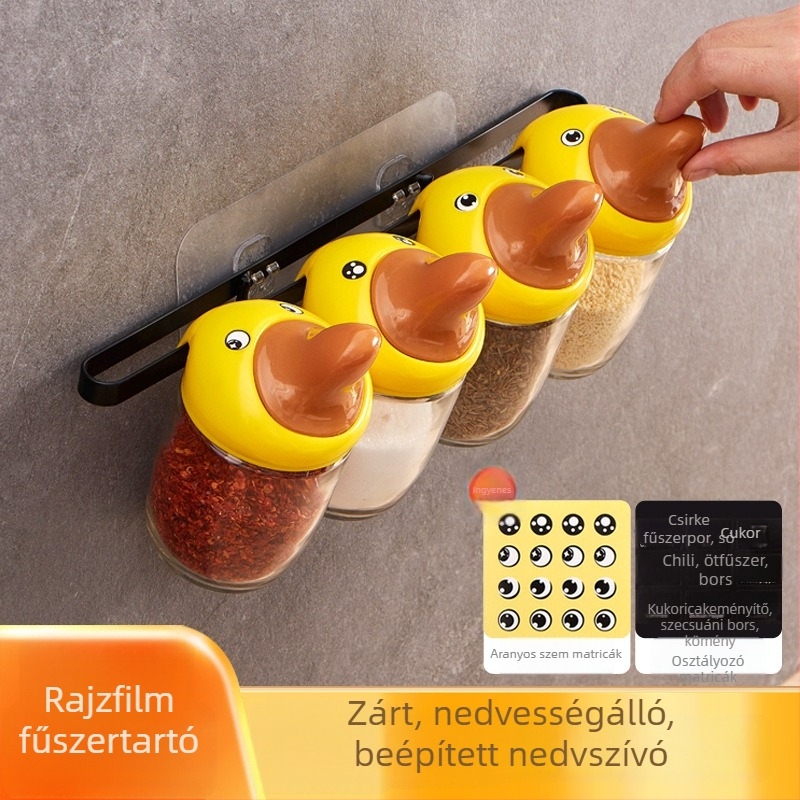Kreatív karikatúra fűszeres üveg készlet beépített kanállal és fedővel, zárható, nedvességálló konyhai tároló