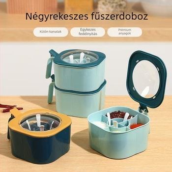 Fűszertartó készlet négy rekesszel és négy kanállal, integrált cukor- és MSG-tartály, műanyag konyhai rendező nagy kapacitással, nedvességálló