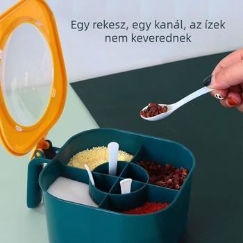Fűszertartó készlet négy rekesszel és négy kanállal, integrált cukor- és MSG-tartály, műanyag konyhai rendező nagy kapacitással, nedvességálló