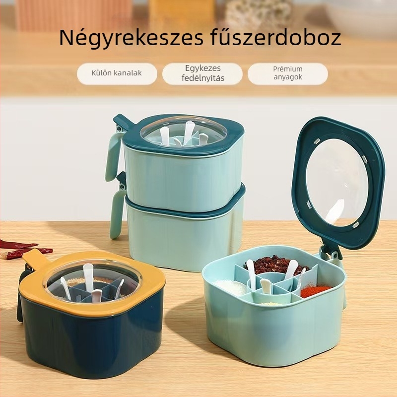Fűszertartó készlet négy rekesszel és négy kanállal, integrált cukor- és MSG-tartály, műanyag konyhai rendező nagy kapacitással, nedvességálló