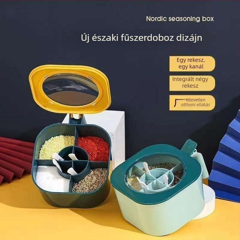 Fűszertartó készlet négy rekesszel és négy kanállal, integrált cukor- és MSG-tartály, műanyag konyhai rendező nagy kapacitással, nedvességálló