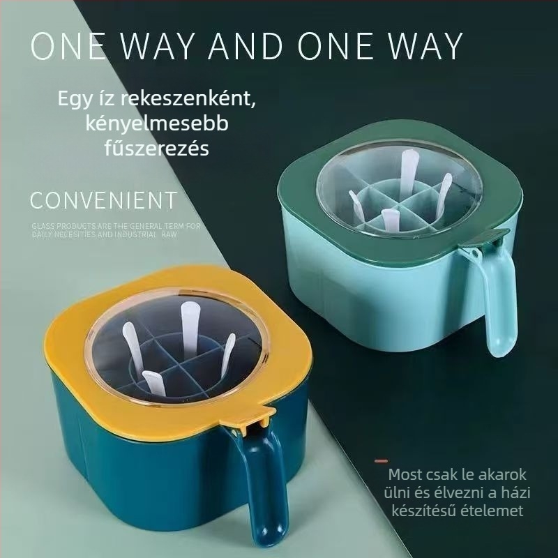 Fűszertartó készlet négy rekesszel és négy kanállal, integrált cukor- és MSG-tartály, műanyag konyhai rendező nagy kapacitással, nedvességálló