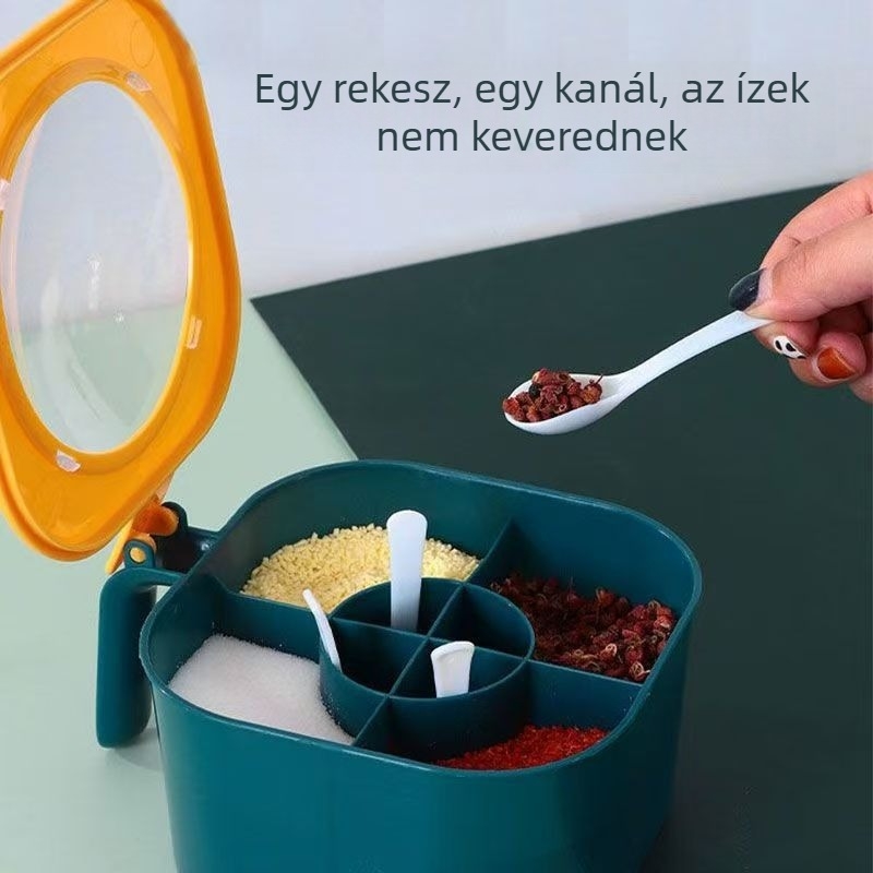 Fűszertartó készlet négy rekesszel és négy kanállal, integrált cukor- és MSG-tartály, műanyag konyhai rendező nagy kapacitással, nedvességálló