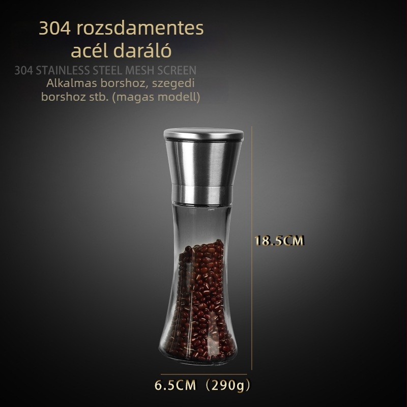 304 élelmiszer-minőségű borsőrlő üvegtesttel, kézi működtetés, levehető mechanizmus