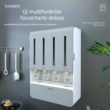 Fali konyhai tároló adagolóval, fűszertartóval, szójaszósz és ecet üveg, olajos üveg