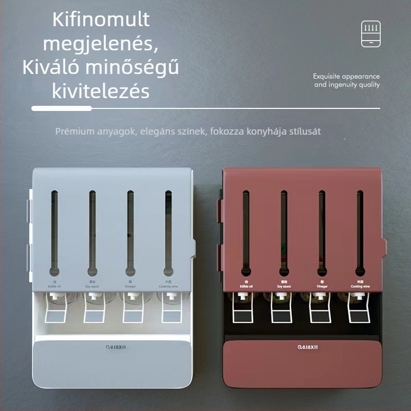 Fali konyhai tároló adagolóval, fűszertartóval, szójaszósz és ecet üveg, olajos üveg