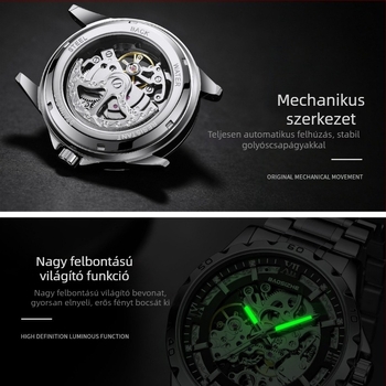 Férfi automata mechanikus Tourbillon karóra, vízálló 30 m, csontváz dizájn, rozsdamentes acél szíj, 42 mm átmérő