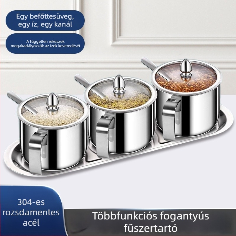 304 rozsdamentes acélból készült fűszeres üvegkészlet, zárható, nedvességálló, kanállal, átlátszó üvegek