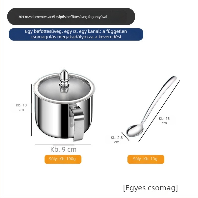 304 rozsdamentes acélból készült fűszeres üvegkészlet, zárható, nedvességálló, kanállal, átlátszó üvegek