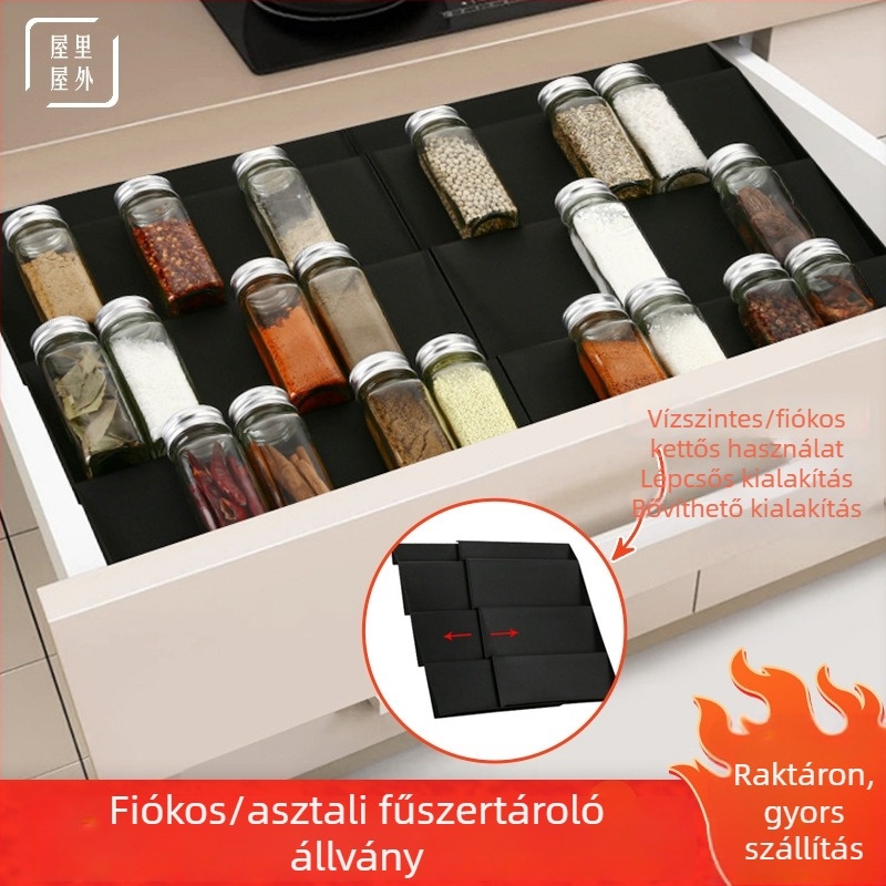 Konyhai fűszerrács lépcsőzetes rekeszekkel és fiókos tárolóval — összecsukható, PP anyag, modern minimalist stílus