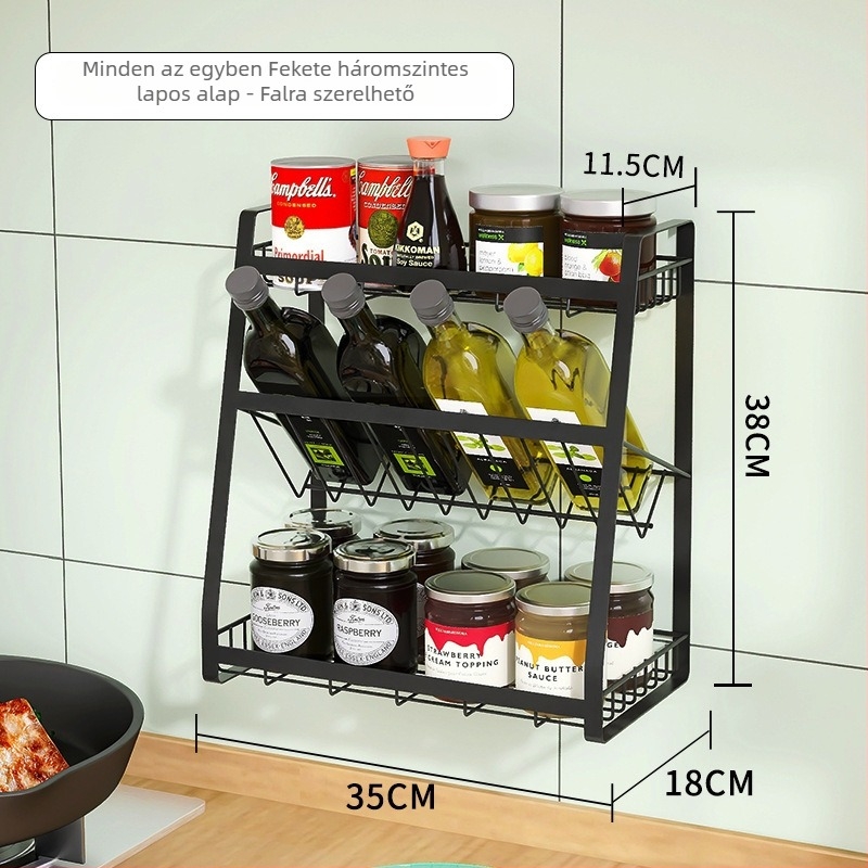 Kreatív fűszertartó konyhai tároló, fekete háromszintes üveg- és palacktartó